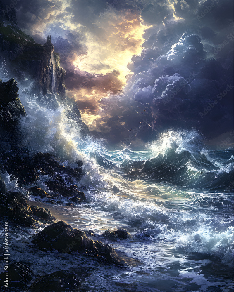 Fototapeta premium Illustration in Anime style of strong, powerful waves crashing against the shore of a beach known as Blowing Rocks, with illumined light and a mystical fantasy setting.