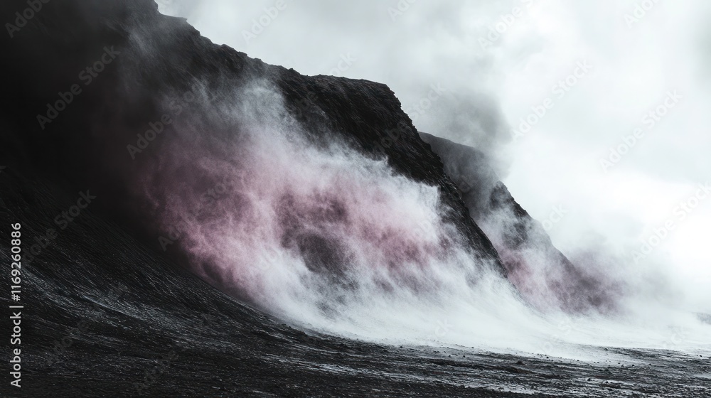 Obraz premium Majestic waterfall with powerful cascading water rushing down a rugged rocky mountain landscape shrouded in atmospheric mist and fog This dramatic remote
