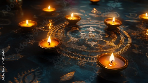 Traditional oil lamps illuminate a beautiful design on a surface. photo