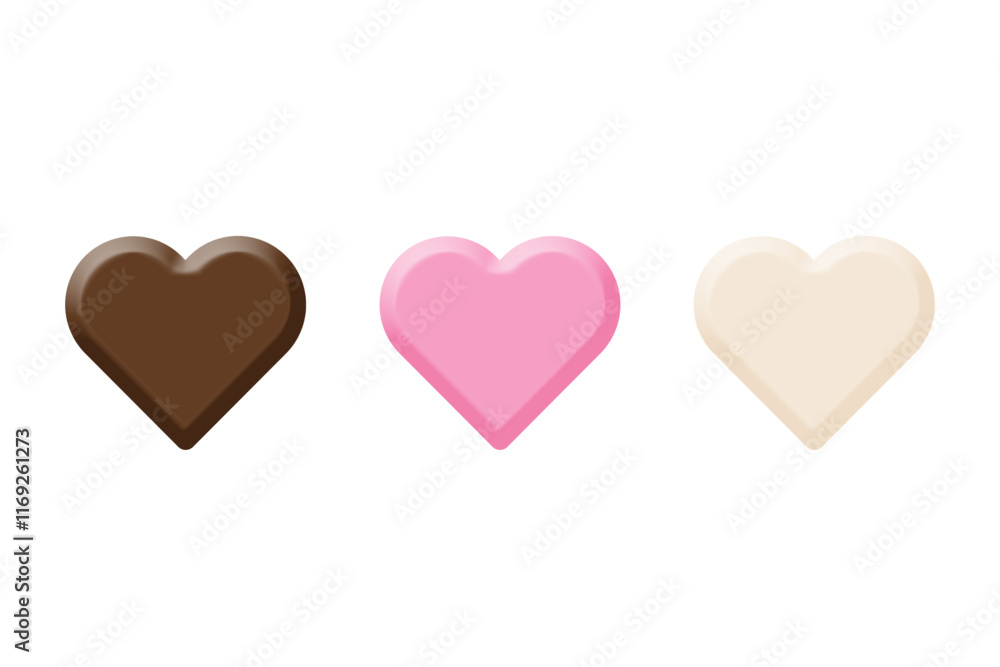 Heart-shaped chocolates in 3 flavors milk, strawberry, white vector icons set for Valentine's day Heart-shaped chocolates in 3 flavors milk, strawberry, white vector icons set for Valentine's day
