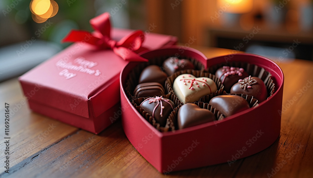Heart-shaped chocolates in elegant gift box on wooden table, Valentine's Day Heart-shaped chocolates in elegant gift box on wooden table, Valentine's Day