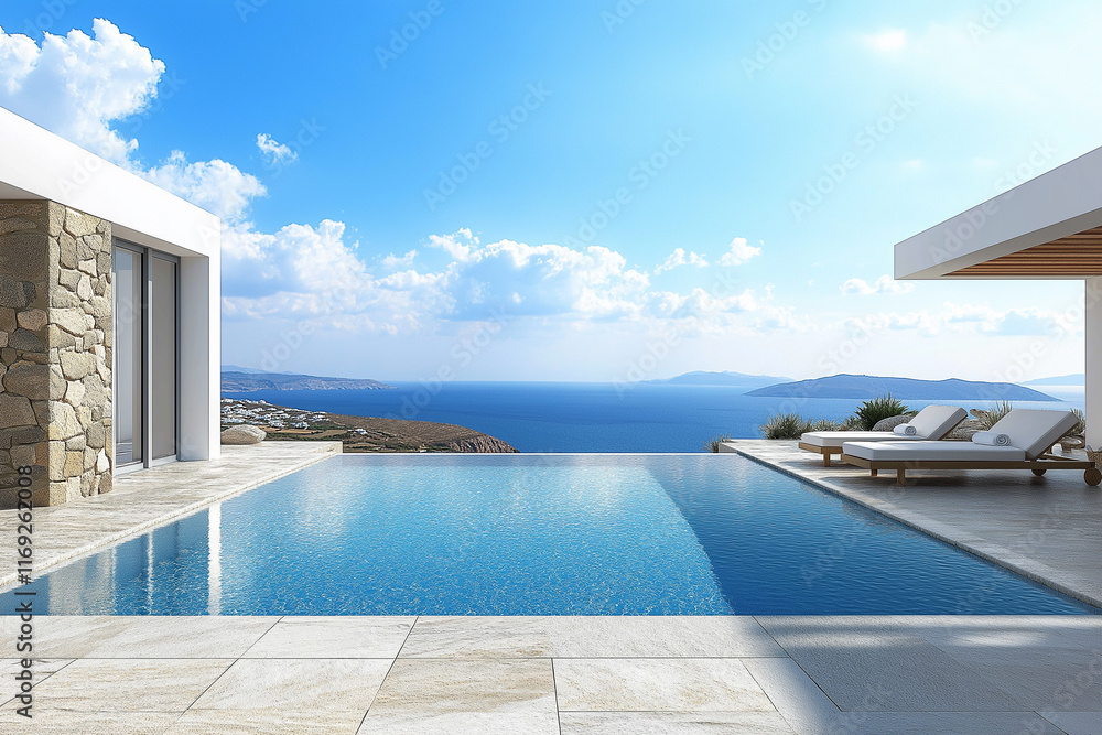 Fototapeta premium An infinity pool with modern sun loungers overlooking the sea, marble floors and walls, large glass windows, blue sky with clouds, a minimalist style.