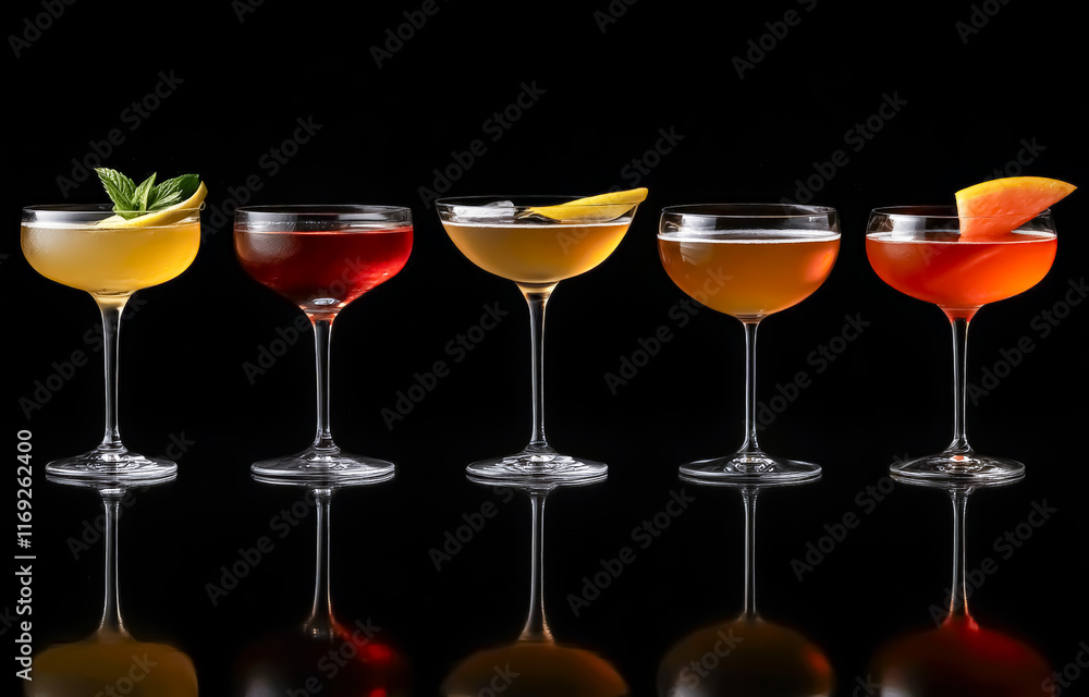 Five colorful gin and tonic cocktails in wine glasses on a bar counter in a bar or restaurant.Concept: Cocktails, For Bars, Advertising photo Five colorful gin and tonic cocktails in wine glasses on a bar counter in a bar or restaurant.Concept: Cocktails, For Bars, Advertising photo