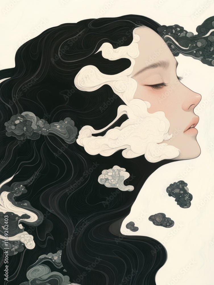 流れる雲のような髪を持つ女性の横顔と幻想的な要素の表現