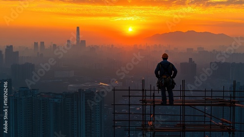 Worker on Scaffolding During Golden Hour at Sunset