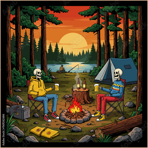 Two skeletons enjoy a campfire, beer, and sunset at a lakeside campsite in a forest.