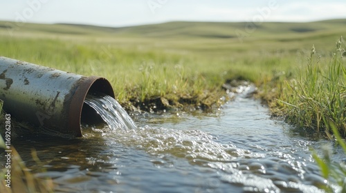 Wallpaper Mural Close-up of clear water flowing from a pipe in an open field, symbolizing natural water flow, environmental responsibility, and sustainable resource management. Torontodigital.ca