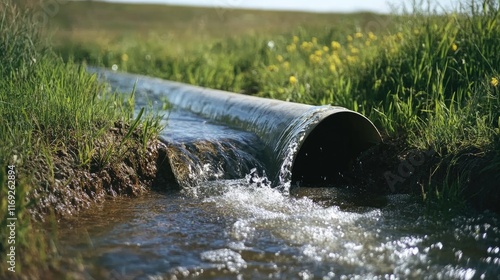 Wallpaper Mural Close-up of clear water flowing from a pipe in an open field, symbolizing natural water flow, environmental responsibility, and sustainable resource management. Torontodigital.ca