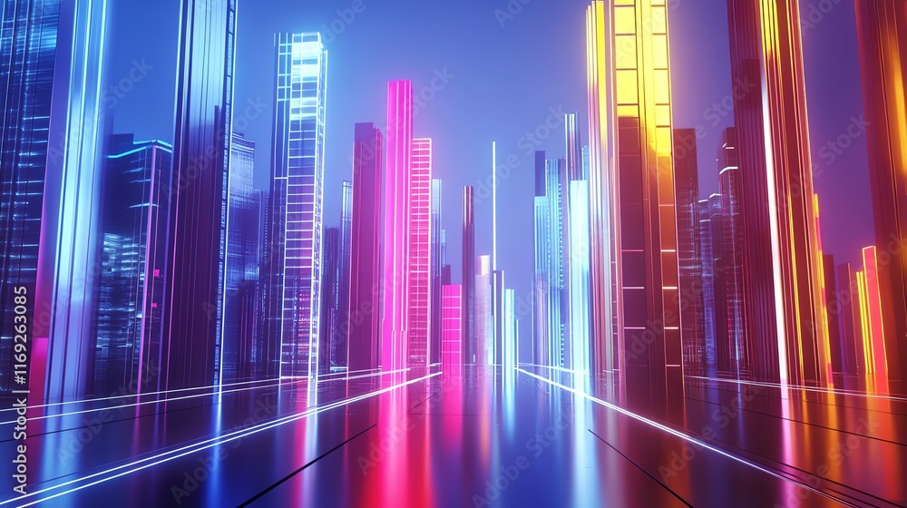 Vibrant futuristic cityscape with illuminated skyscrapers at night. Vibrant futuristic cityscape with illuminated skyscrapers at night.