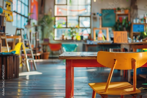 Bright studio space with colorful furniture and natural light.