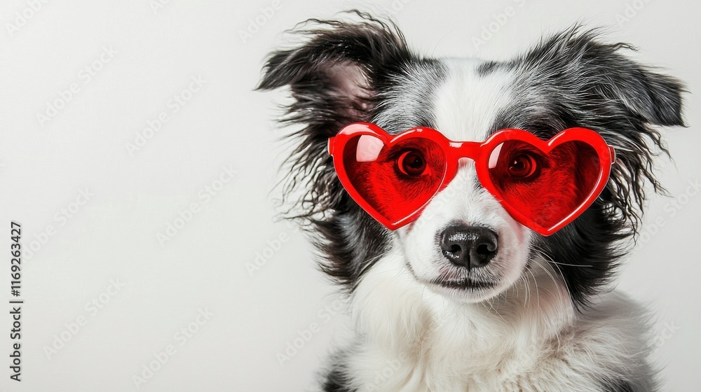 St. Valentine's Day concept. Funny puppy dog in red heart shaped glasses isolated on white background. Lovely dog in love celebrating valentines day. Love lovesick romance postcard St. Valentine's Day concept. Funny puppy dog in red heart shaped glasses isolated on white background. Lovely dog in love celebrating valentines day. Love lovesick romance postcard