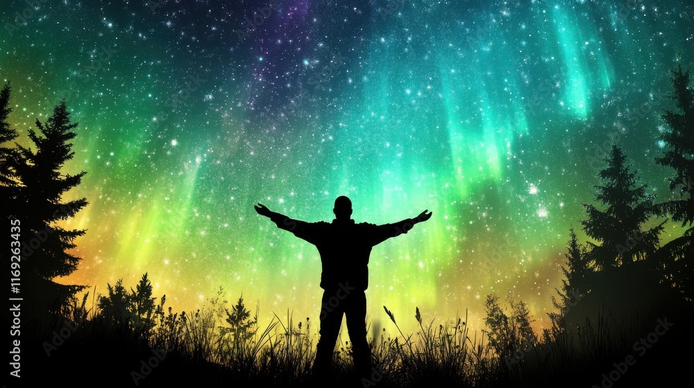 Silhouette of person watching northern lights glowing across a starry night sky.