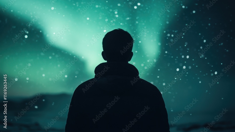 Silhouette of person watching northern lights glowing across a starry night sky. Silhouette of person watching northern lights glowing across a starry night sky.