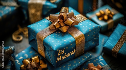 Elegant blue Eid Mubarak gifts with gold ribbons and bows. Ideal for Eid greeting cards, social media posts, or website banners. photo