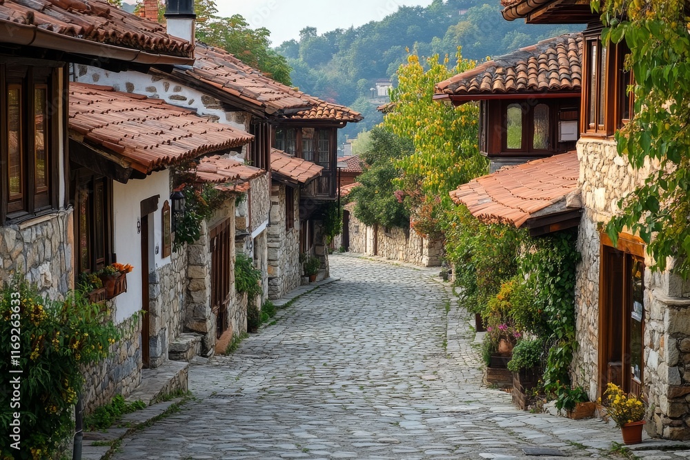 Charming cobblestone street lined with flowers in a picturesque village during daylight Charming cobblestone street lined with flowers in a picturesque village during daylight