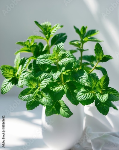 Fresh peppermint leaves with vibrant green color and rich texture. photo