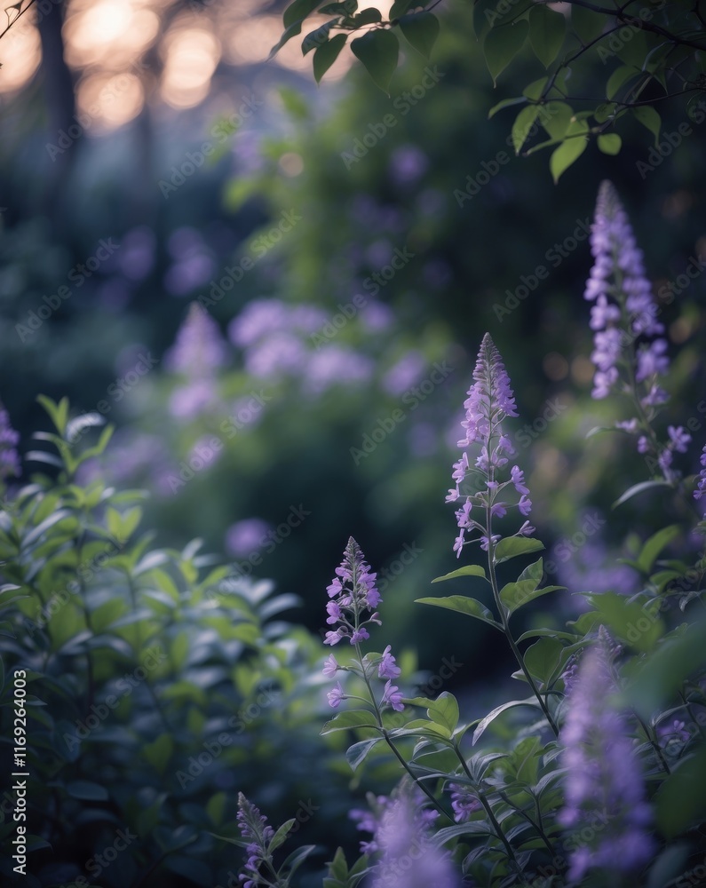 Obraz premium Tranquil Garden Scene at Dusk with Purple Flowers Surrounded by Lush Greenery and Soft Ambient Light Inviting Serenity and Peaceful Reflection