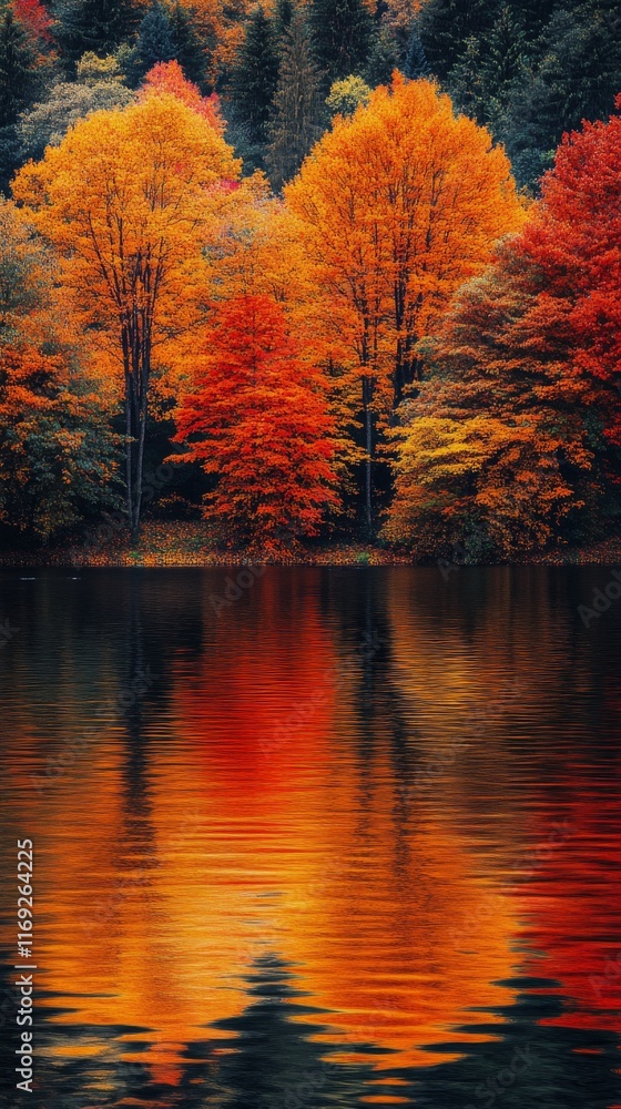 Vibrant autumn colors reflect on calm lake surface in serene forest setting