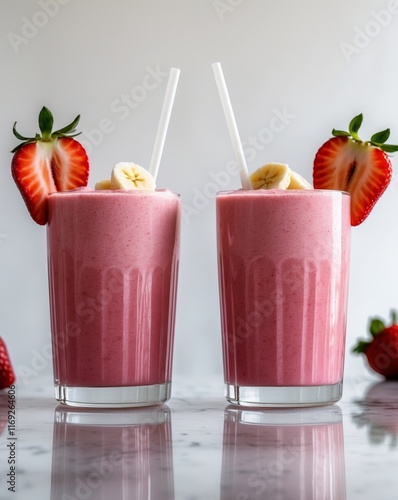 Two glasses of vibrant pink strawberry banana smoothies. photo