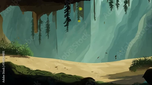 Serene Underground Cave with Lush Greenery and Bright Waterfall Illuminating the Natural Beauty of a Hidden Paradise in a Fantasy Landscape