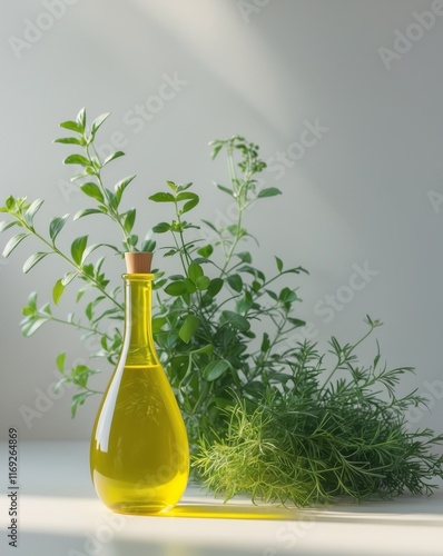 Bright Glass Bottle with Yellow Oil Beside Fresh Green Herbs. photo