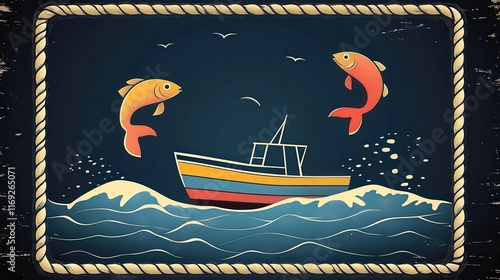 Charming Nautical Illustration with Vibrant Fish and Vintage Boat in Ocean Waves - Perfect for Marine Art Lovers, Nautical Decor, and Sea Adventure Themes photo