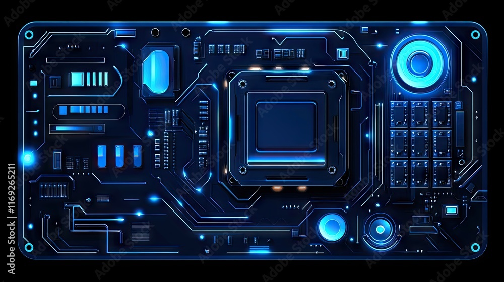 Futuristic circuit board with glowing blue lights. Ideal for technology backgrounds websites presentations or any project needing a high-tech feel. Futuristic circuit board with glowing blue lights. Ideal for technology backgrounds websites presentations or any project needing a high-tech feel.
