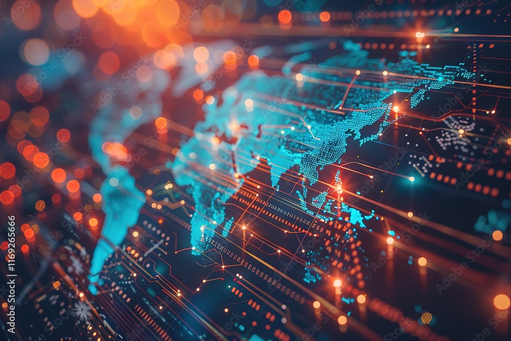 Obraz premium Global network connection, digital world map