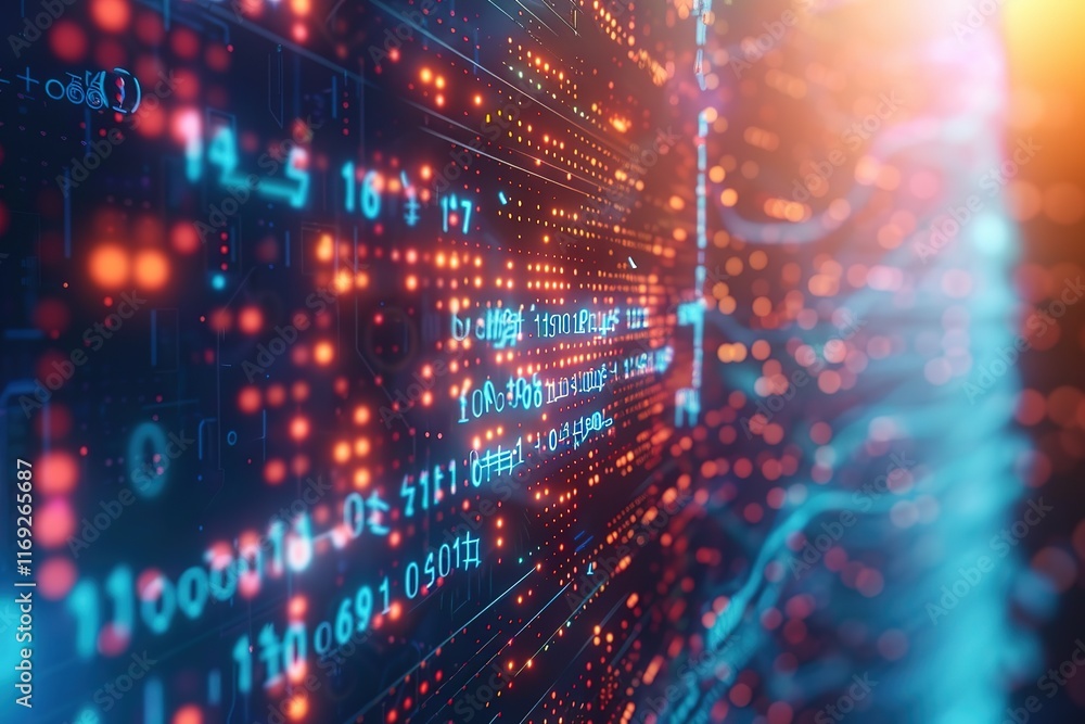 Obraz premium Abstract digital data stream, glowing lines and numbers.