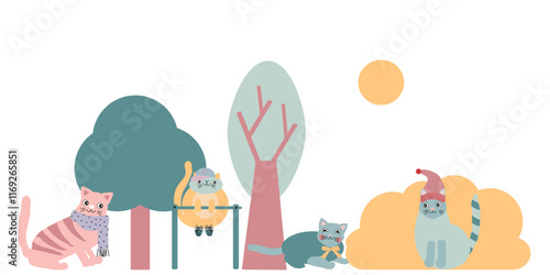 Graziosi gatti al parco, illustrazione isolata