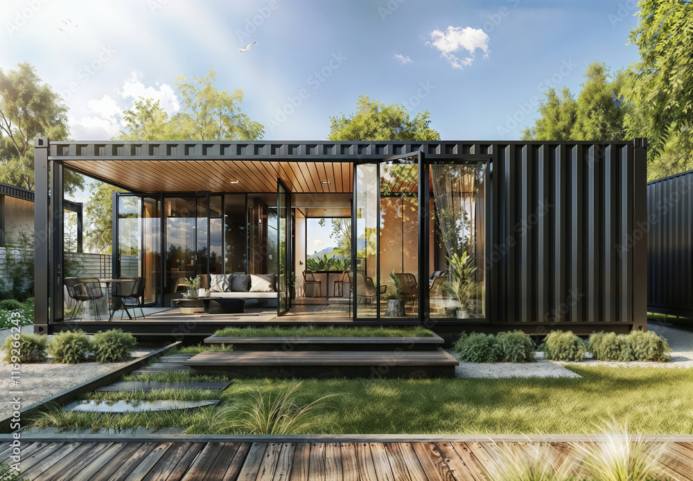 Modern Container Home with Glass Walls Surrounded by Greenery Modern Container Home with Glass Walls Surrounded by Greenery