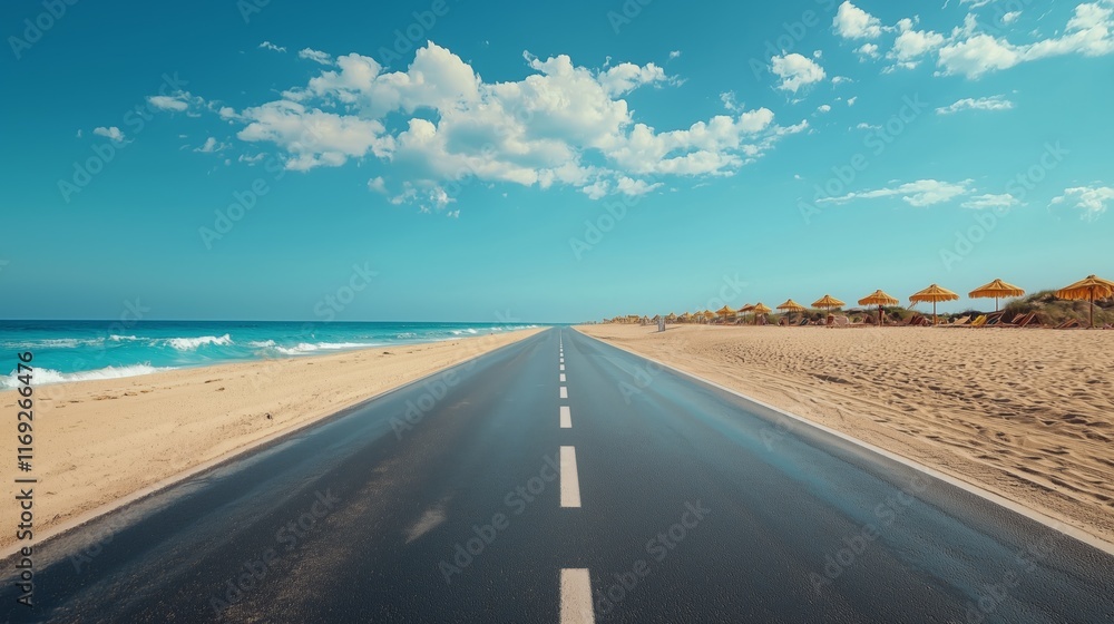 Fototapeta premium Serene Coastal Road by the Beach with Clear Blue Sky and Waves