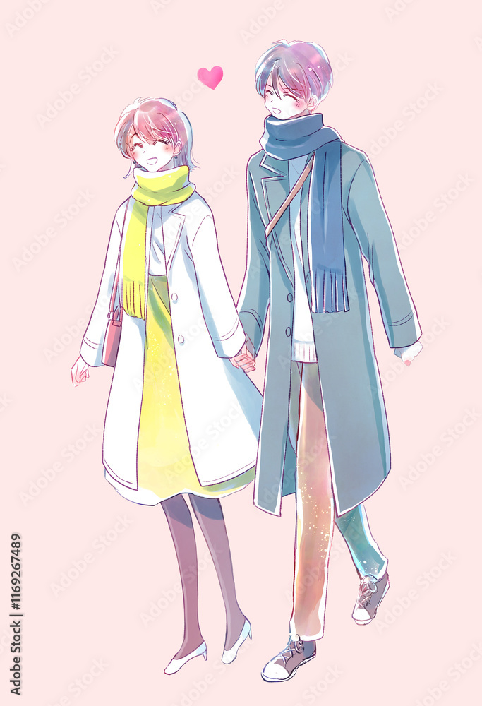 手を繋ぐ男女　笑顔　冬