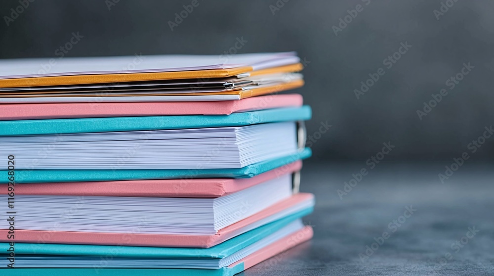 Stack of colorful notebooks on a gray surface. Stack of colorful notebooks on a gray surface.