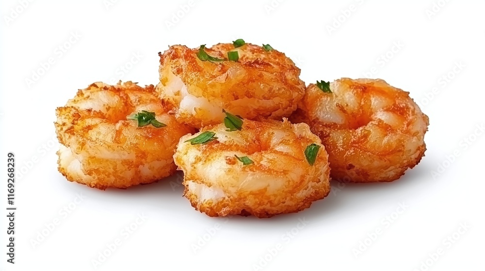 Four crispy fried shrimps garnished with parsley, isolated on white background. Four crispy fried shrimps garnished with parsley, isolated on white background.