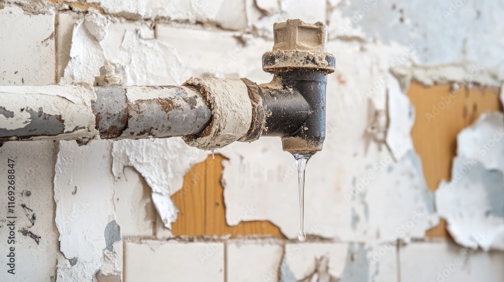 Water dripping from a pipe joint in an apartment, emphasizing the plumbing leak and the need for urgent repairs or maintenance. Water dripping from a pipe joint in an apartment, emphasizing the plumbing leak and the need for urgent repairs or maintenance.