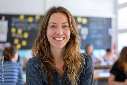 A woman with long brown hair is smiling at the camera in a classroom