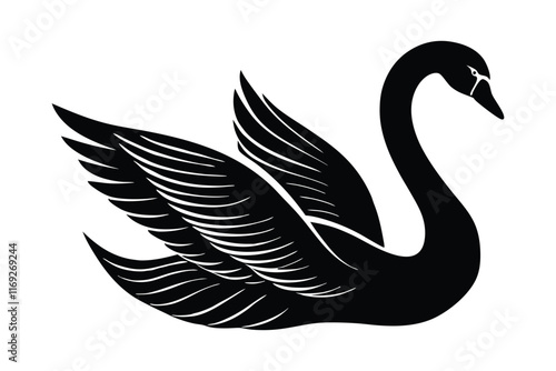 Silhouette of a swan's elegant neck is curved and its wings are slightly raised.eps