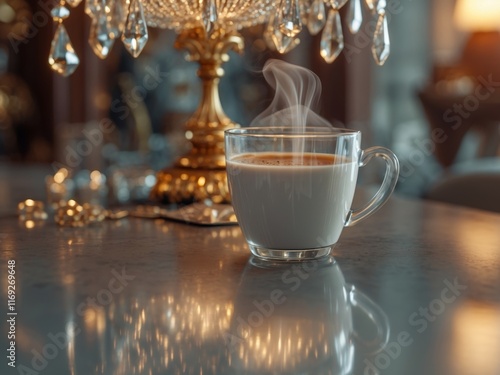 Charming reflection of an ornate chandelier in a steaming coffee cup enhancing the elegant decor and inviting ambiance of the setting. photo