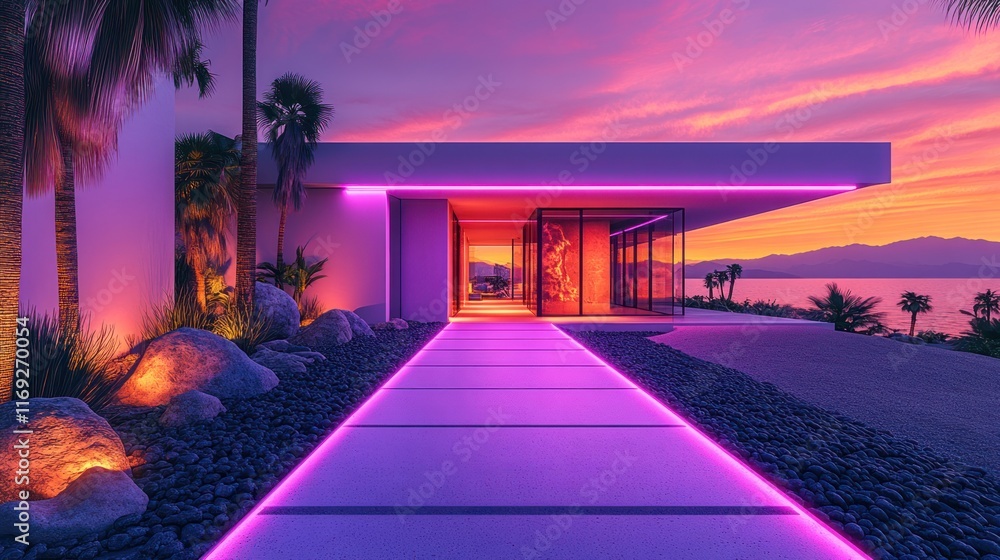 Fototapeta premium Modern house with neon lights at sunset.