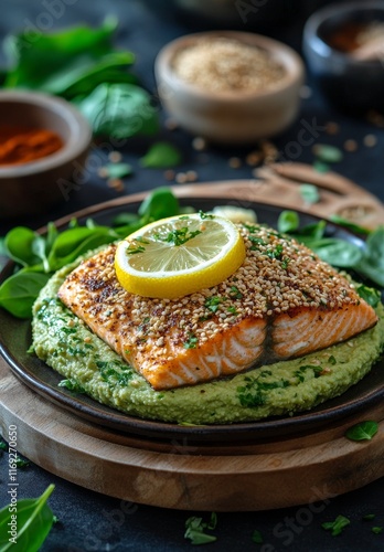 Delicious salmon dish served on a vibrant spinach base with lemon and sesame seeds photo