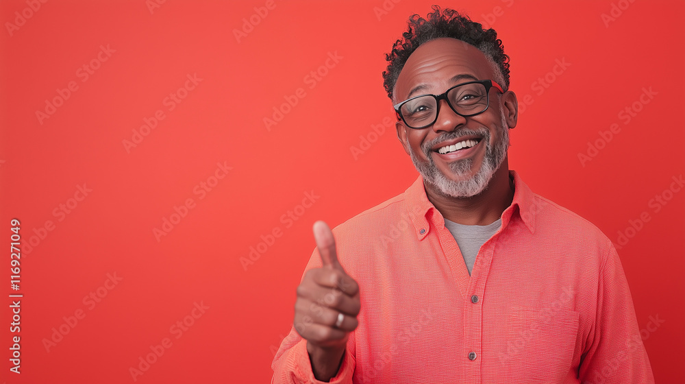 A man is laughing while pointing forward, flat studio background