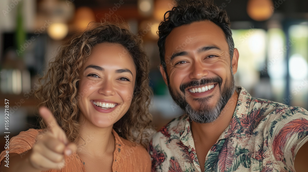 A woman and a man are laughing while pointing forward with their right hands A woman and a man are laughing while pointing forward with their right hands