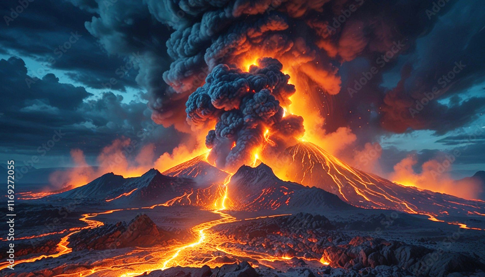 Volcanic eruption at night with flowing lava rivers, bright orange magma, dark rocky mountains, smoke and steam, molten rock and burning landscape. Volcanic eruption at night with flowing lava rivers, bright orange magma, dark rocky mountains, smoke and steam, molten rock and burning landscape.