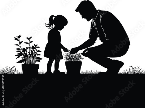 Silhouette of father and daughter gardening vector in white background