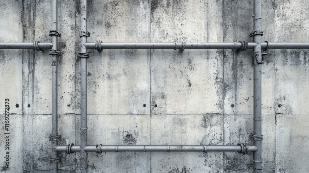 Industrial Pipe Framework on Concrete Wall with Texture and Shadows Industrial Pipe Framework on Concrete Wall with Texture and Shadows