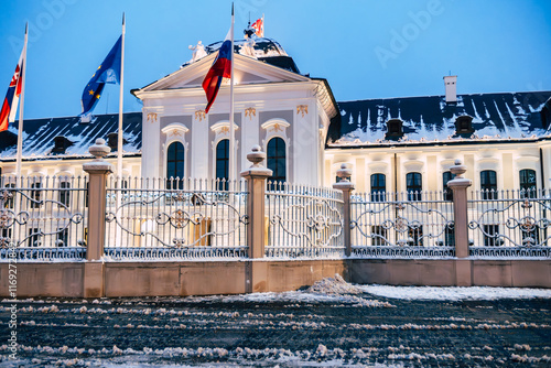 Grassalkovich Palace, the Presidential Palace of Slovakia on Bratislava covered in snow  photo