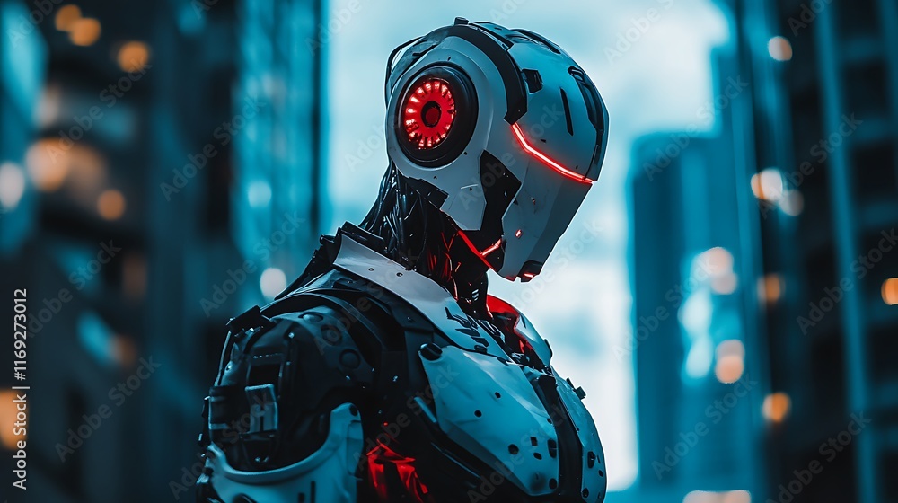 Advanced Robot Stands in Futuristic Cityscape Advanced Robot Stands in Futuristic Cityscape