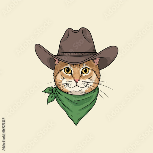 The image shows an illustration of an orange cat wearing a brown cowboy hat and a green bandana.