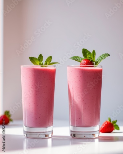 Two glasses of creamy strawberry smoothies. photo